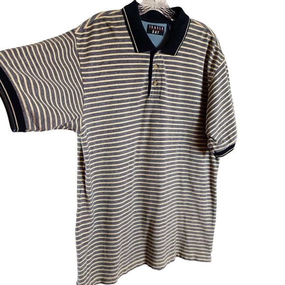 Vintage Trader Bay Shirt Men's Size L Yellow Grey Striped Polo Short Sleeve Top - Picture 5 of 7